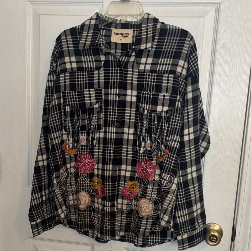 Savanna Jane Flannel Black and White Plaid Shirt with Floral Embroidery SZ M